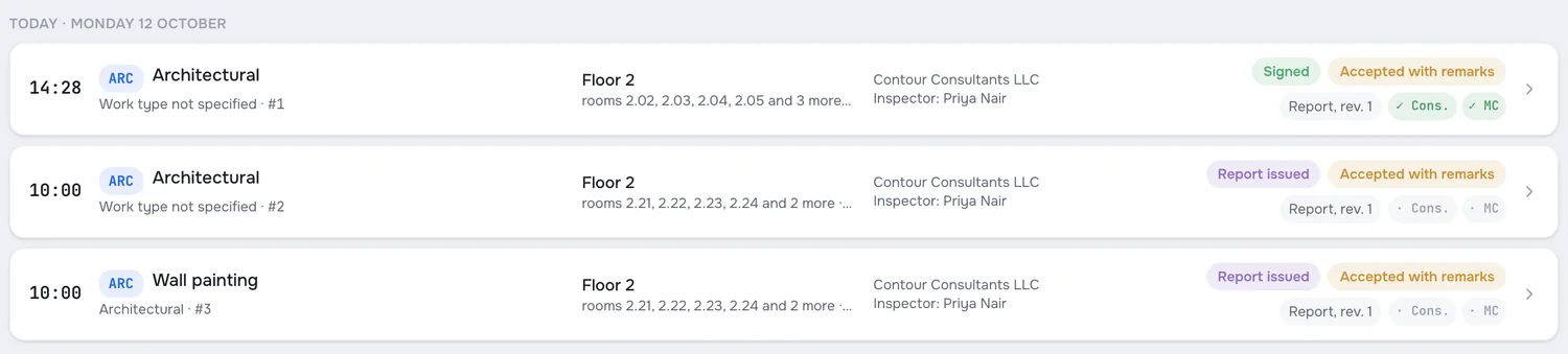 Project inspection log: time, discipline, floor, consultant, status of the report and signatures