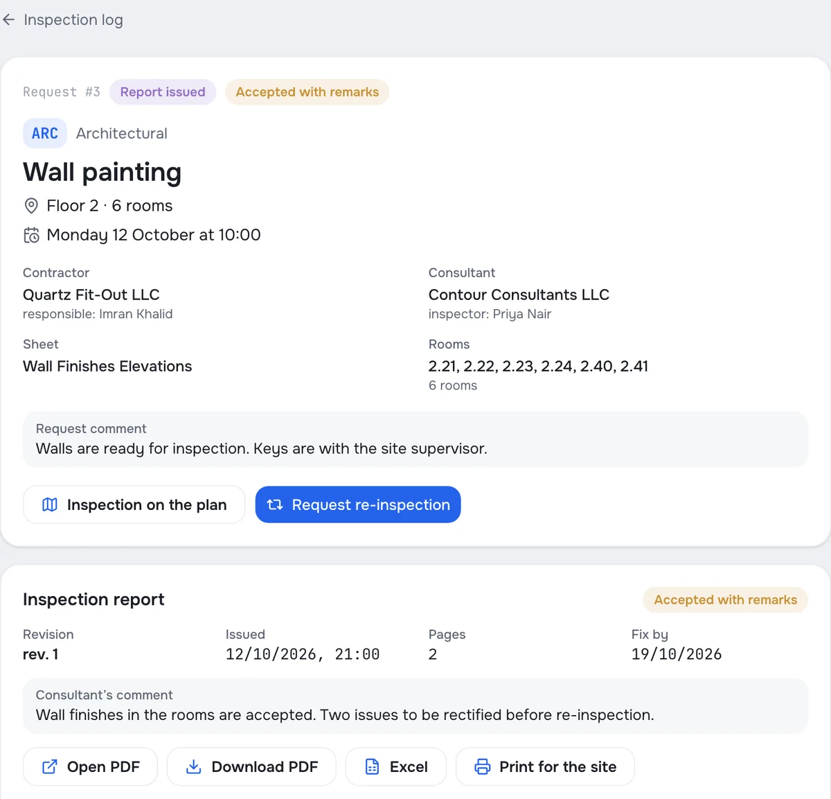 Inspection request #3: report issued, accepted with remarks, PDF and Excel export