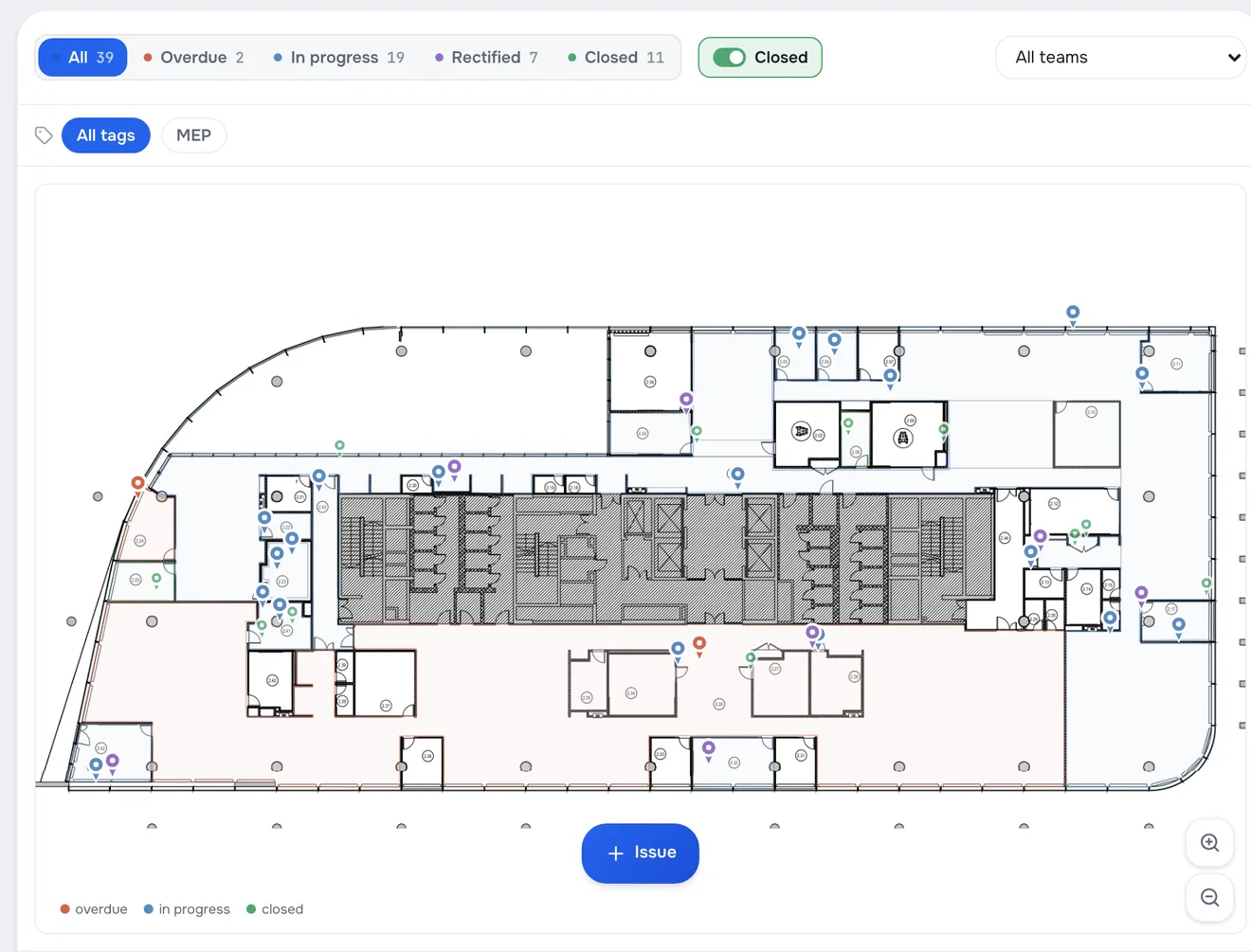 Floor 2 plan in a browser window: architectural layout sheet, issue pins coloured by status