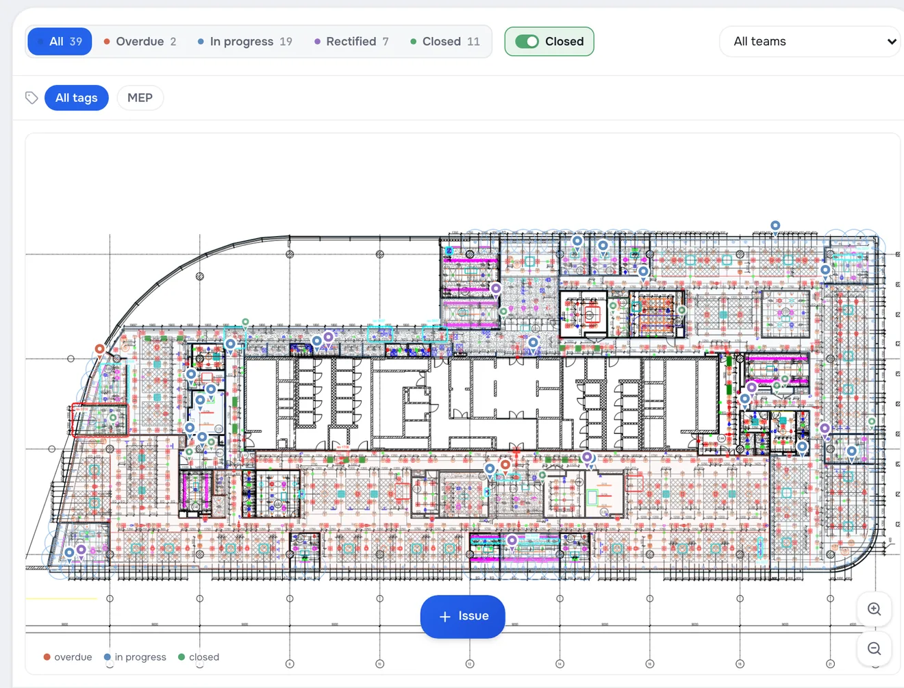 Floor plan, electrical sheet with the combined ceiling plan: issue pins in their places