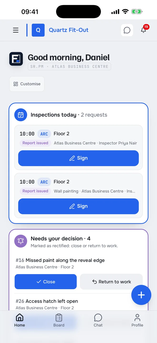 FitoutEasy app on iPhone: home screen with today’s inspection and the issues awaiting a decision