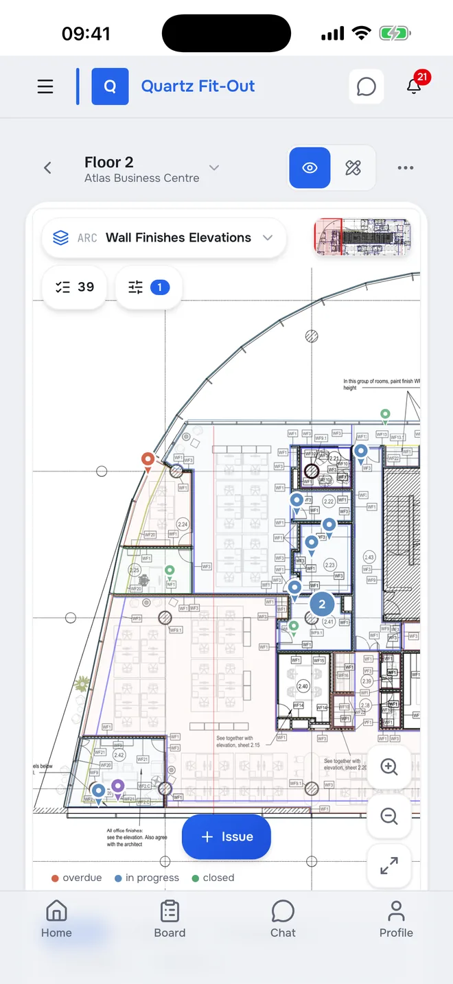 Floor plan, wall finishes sheet: issue pins in their places