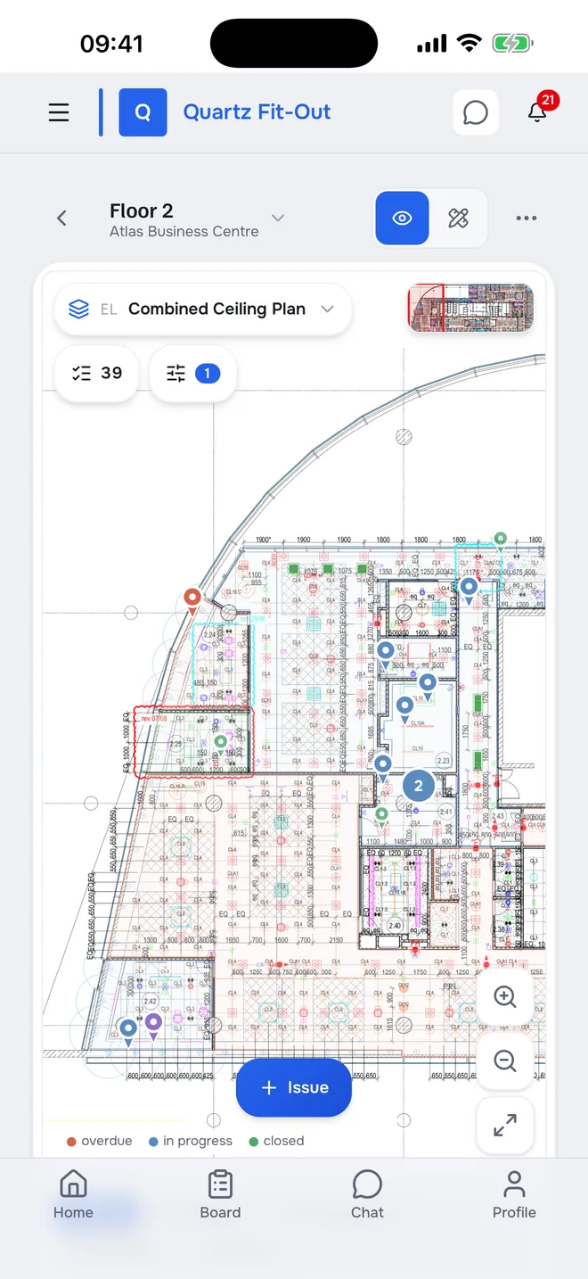 Floor plan, electrical sheet with the combined ceiling plan: issue pins in their places